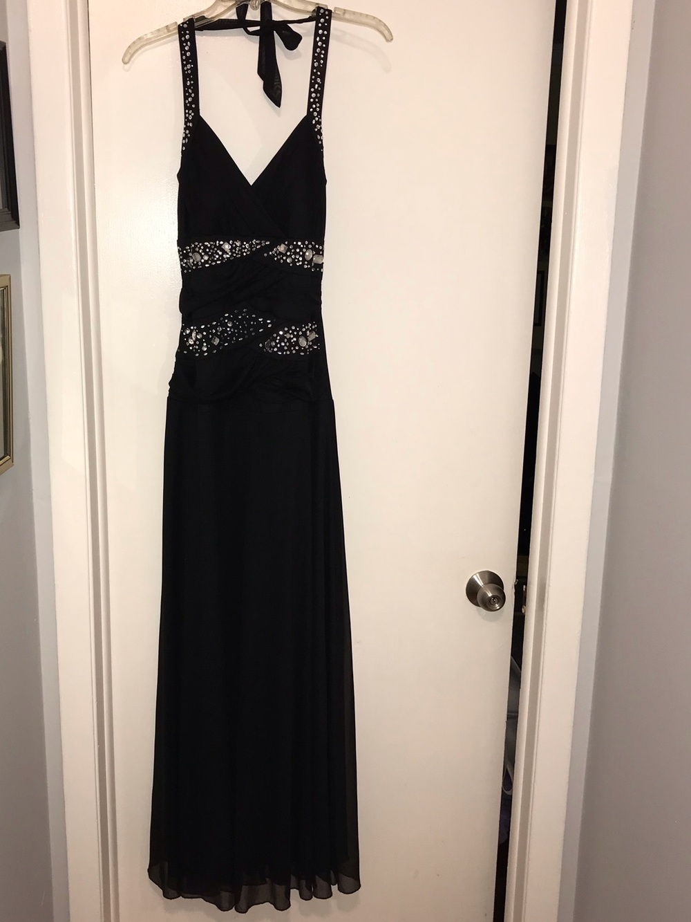 Trixxi Black Halter-Back Evening Gown with Beaded Accents